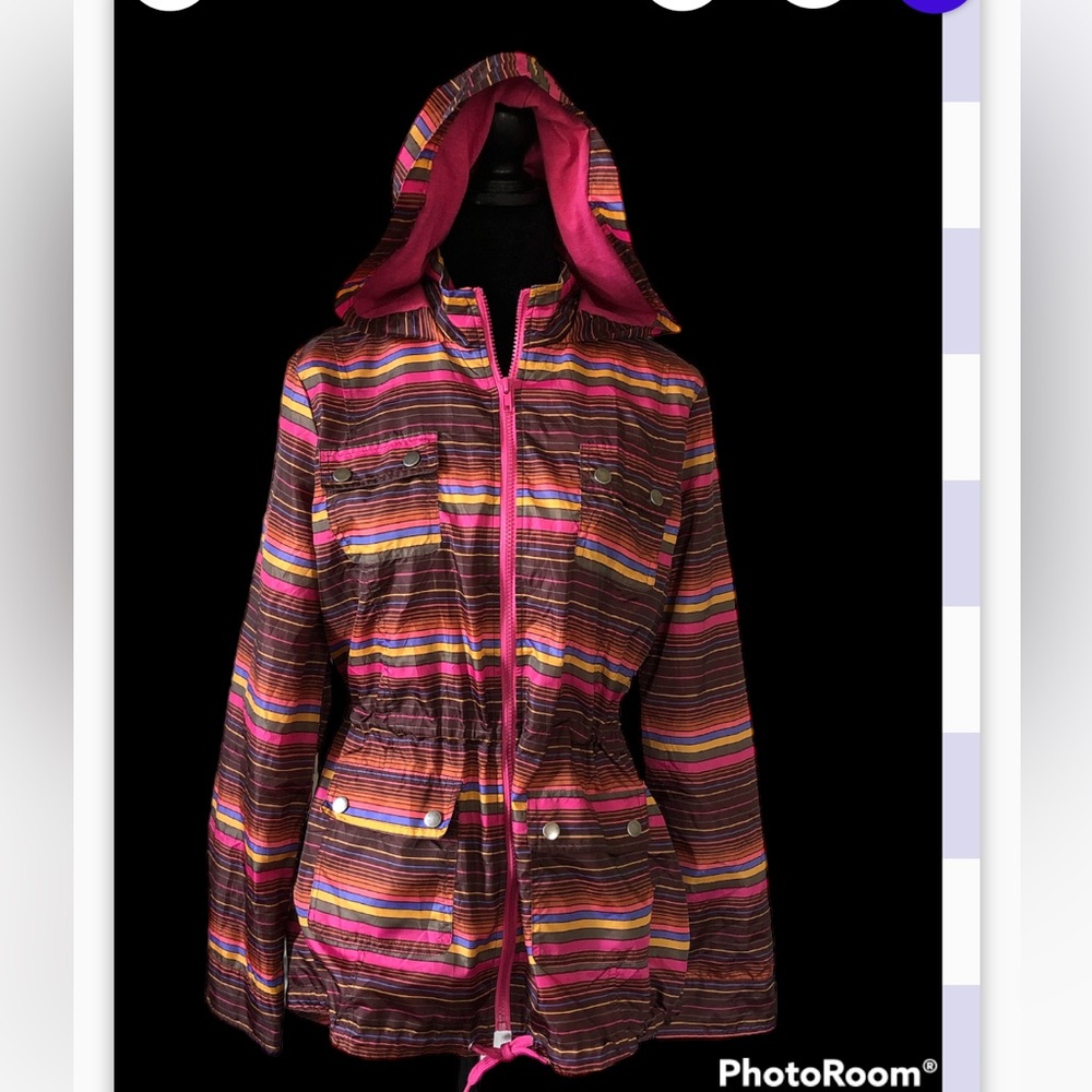 Windbreaker/Rain Jacket Size LG, Multi-colored Stripe, Pink cotton/poly lining